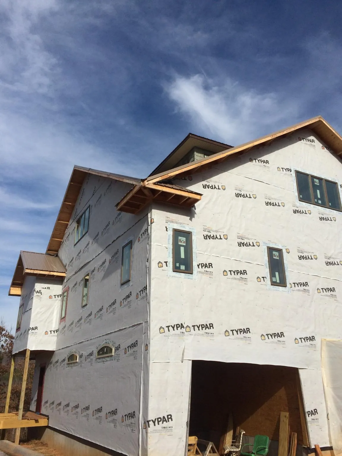 Stick built house wrapped in Typar with new roof framing and dormers in Factoryville
